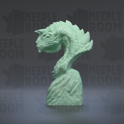 A green dragon statue is displayed against a dark background with the text "MEUPLE ROOM" repeated multiple times.