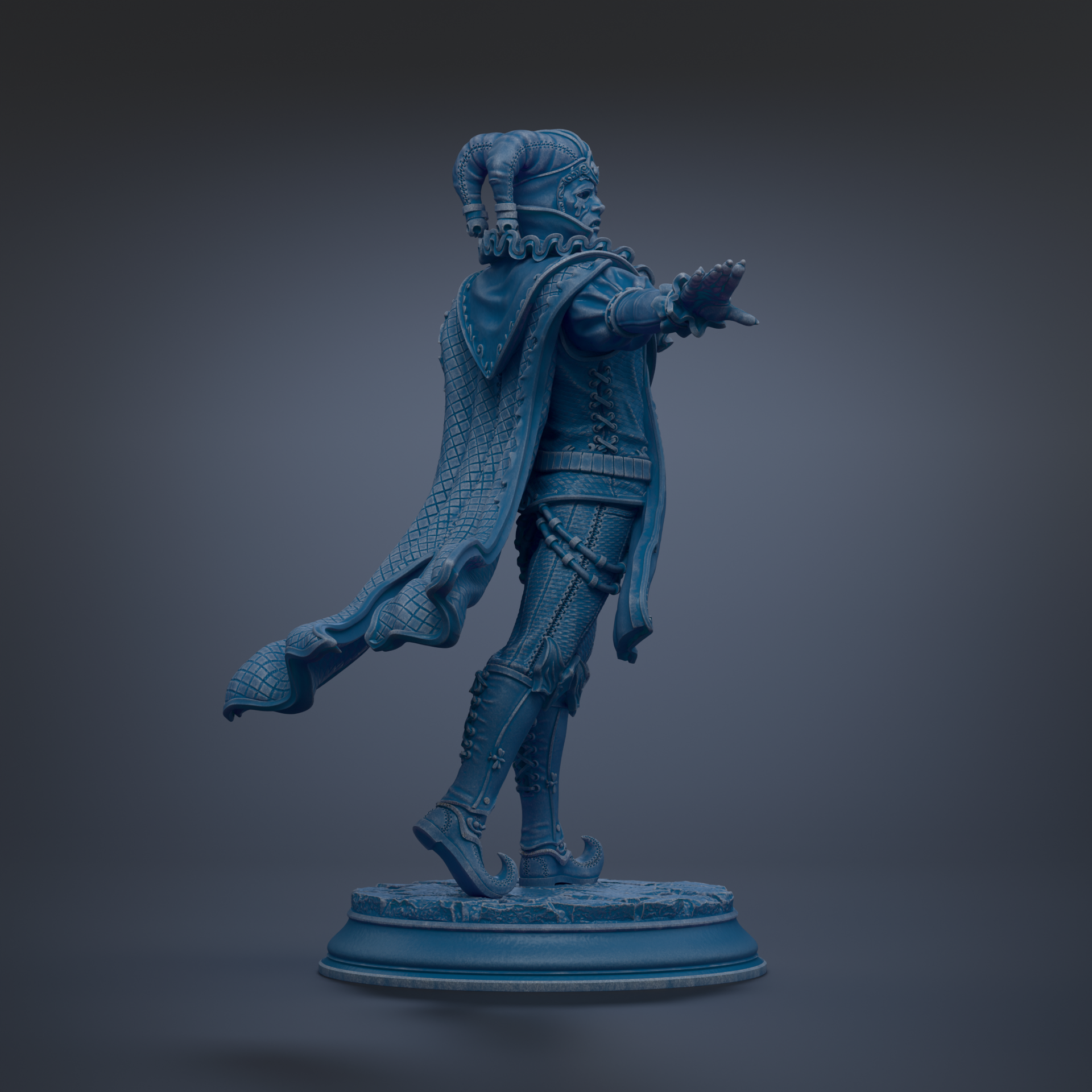 A blue statue of a figure with a flowing cape and ornate armor stands on a pedestal against a dark background.