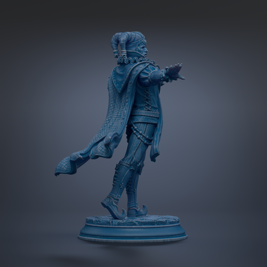 A blue statue of a figure with a flowing cape and ornate armor stands on a pedestal against a dark background.