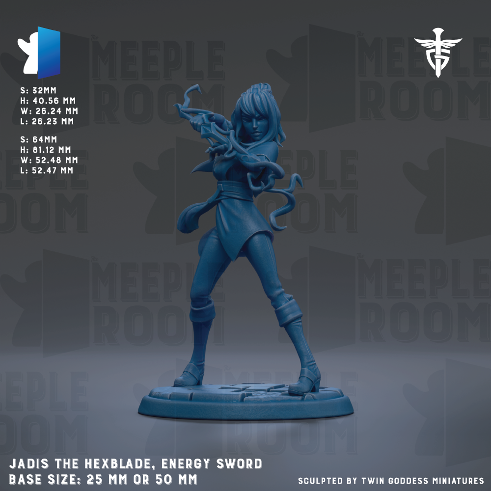 The image is a figurine of a female character, specifically Jadis the Hexblade, an energy sword, standing in a fighting stance. The figurine is described as a 25mm or 50mm base size, and it is sculpted by Twin Goddess miniatures.