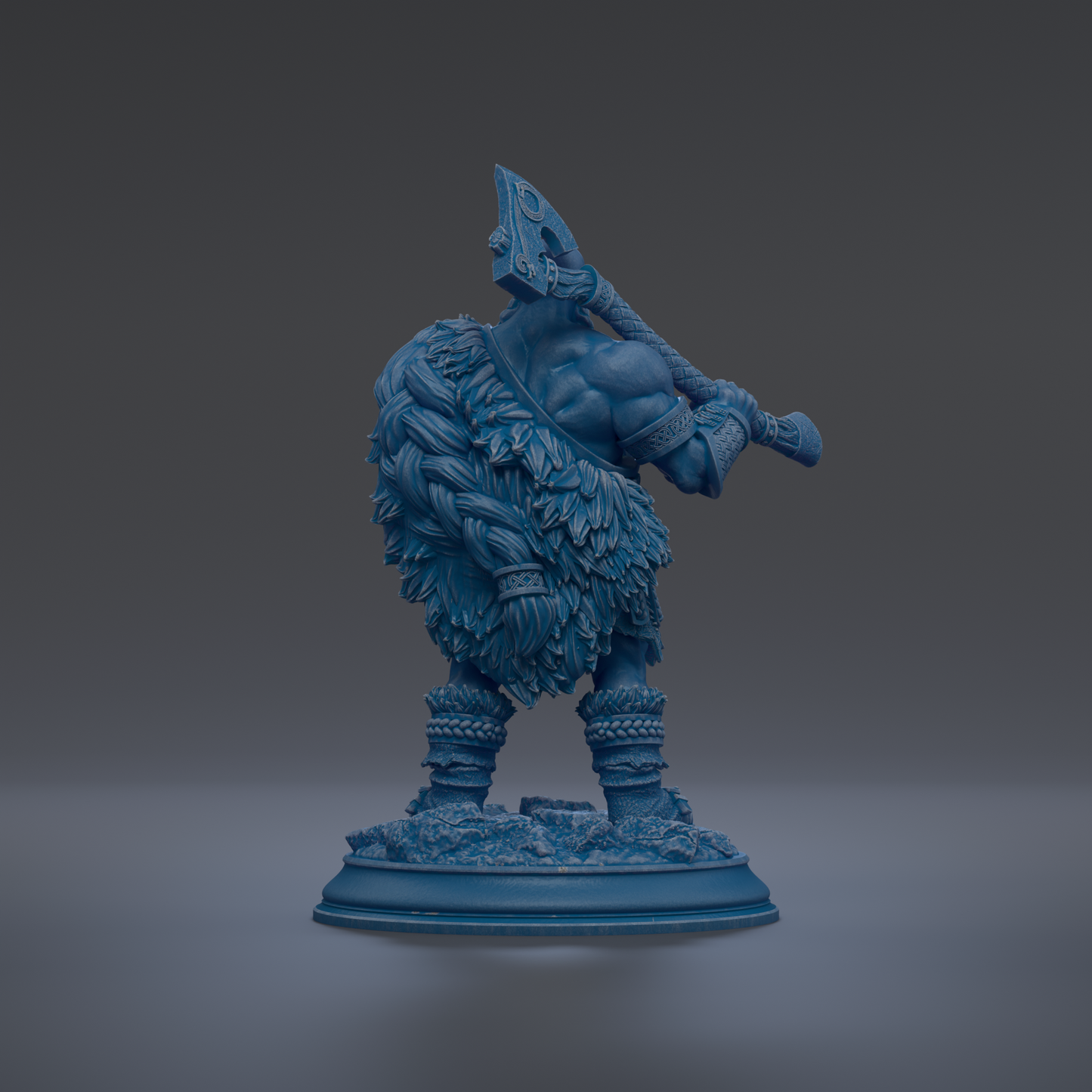 A blue statue of a warrior figure with a large weapon, standing on a base and facing to the right.