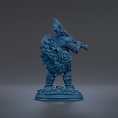 A blue statue of a warrior figure with a large weapon, standing on a base and facing to the right.