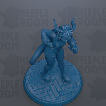 A blue figurine of a person with horns, standing on a blue platform with a geometric pattern.