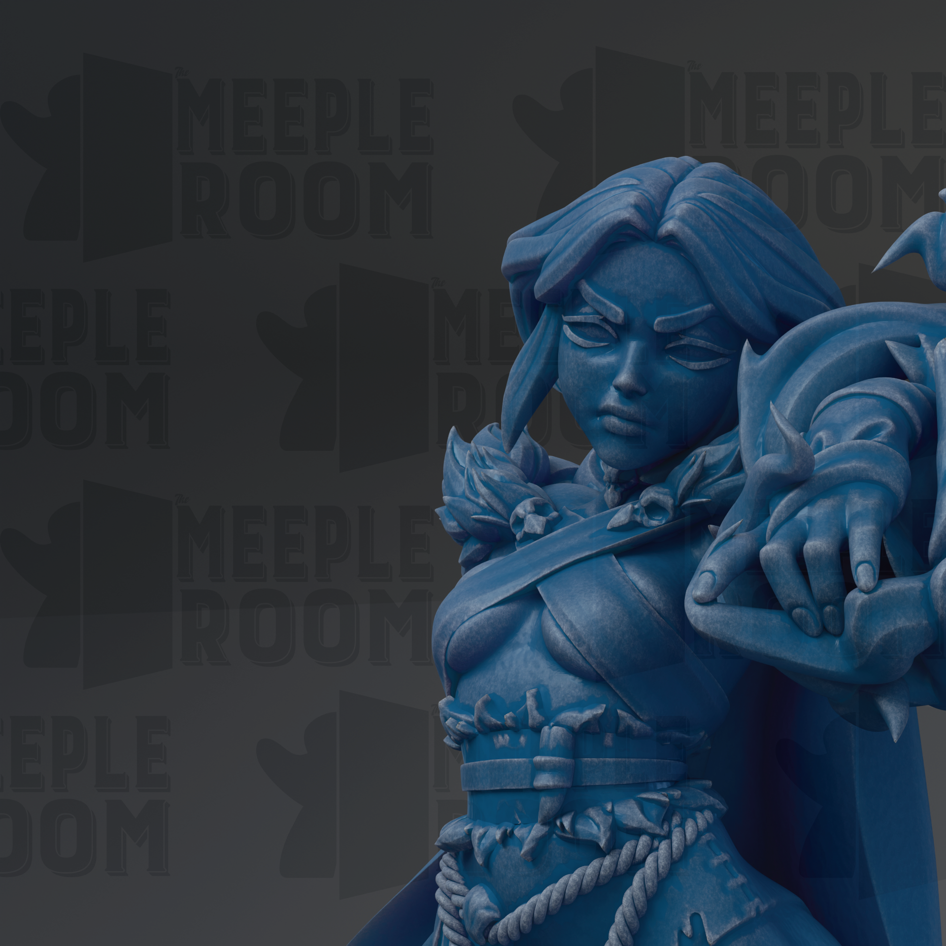 A blue statue of a female character with a fierce expression, wearing a cape and holding a weapon, against a dark background with repeated text.