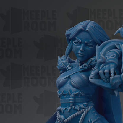 A blue statue of a female character with a fierce expression, wearing a cape and holding a weapon, against a dark background with repeated text.