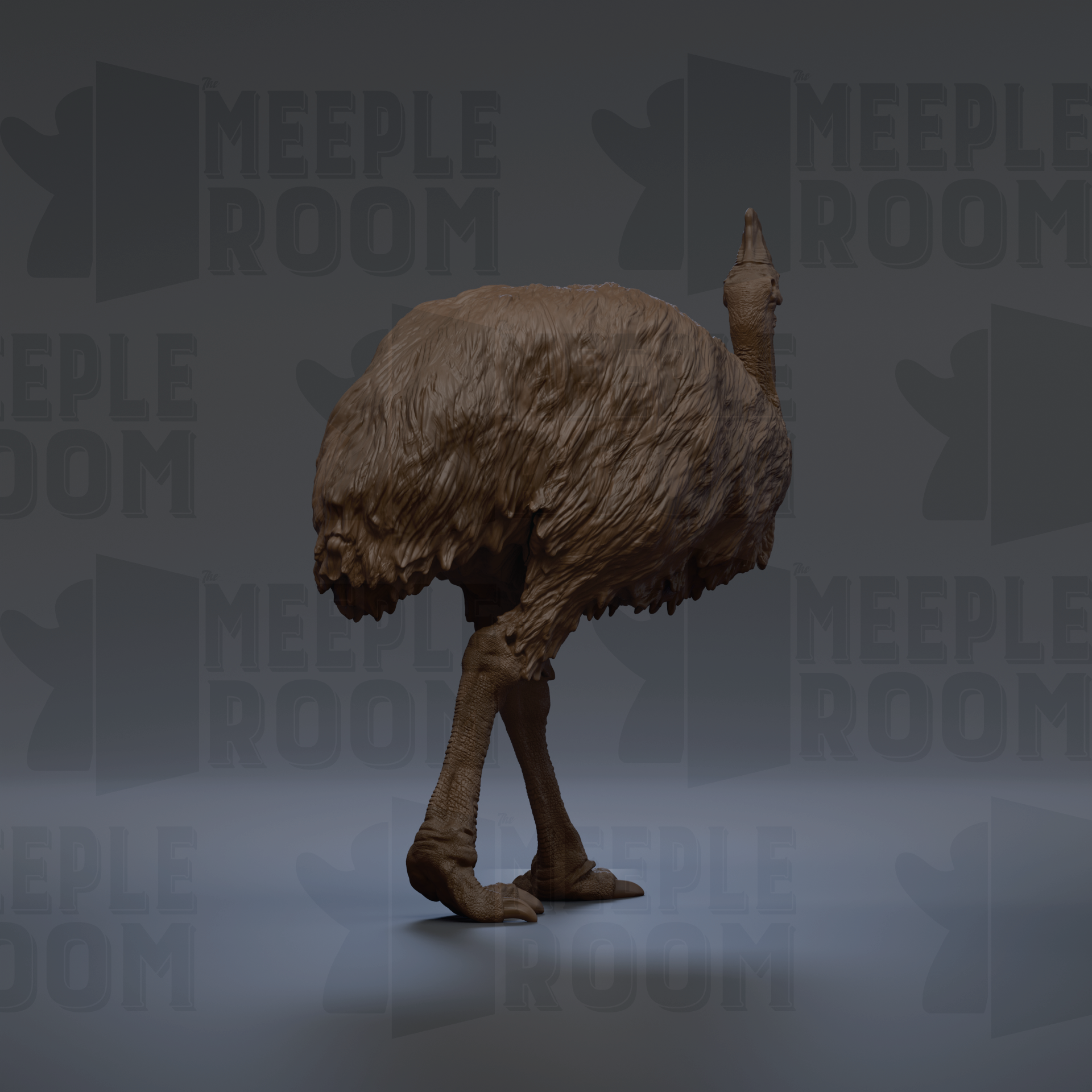 an ostrich with a large, fluffy head and long legs, standing on one leg in a dark background.