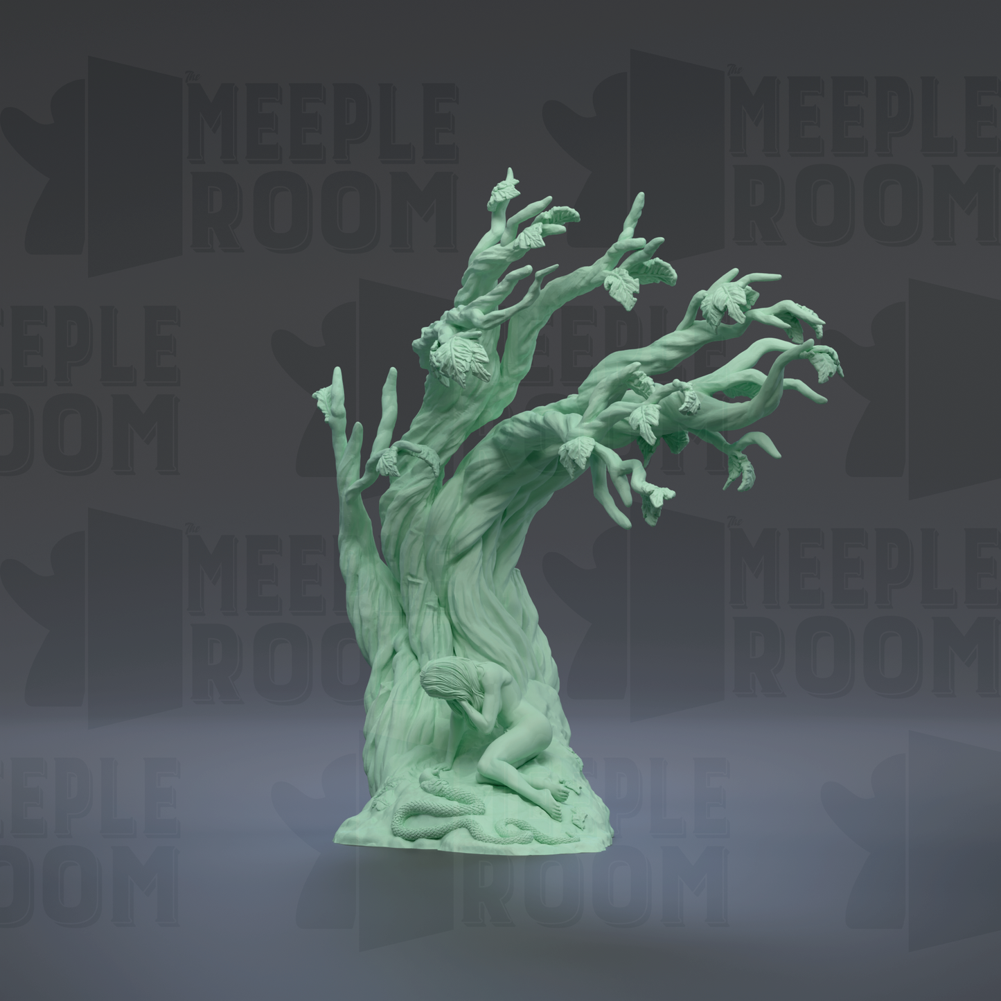 a green, abstract sculpture of a tree with a human-like figure sitting in the base.