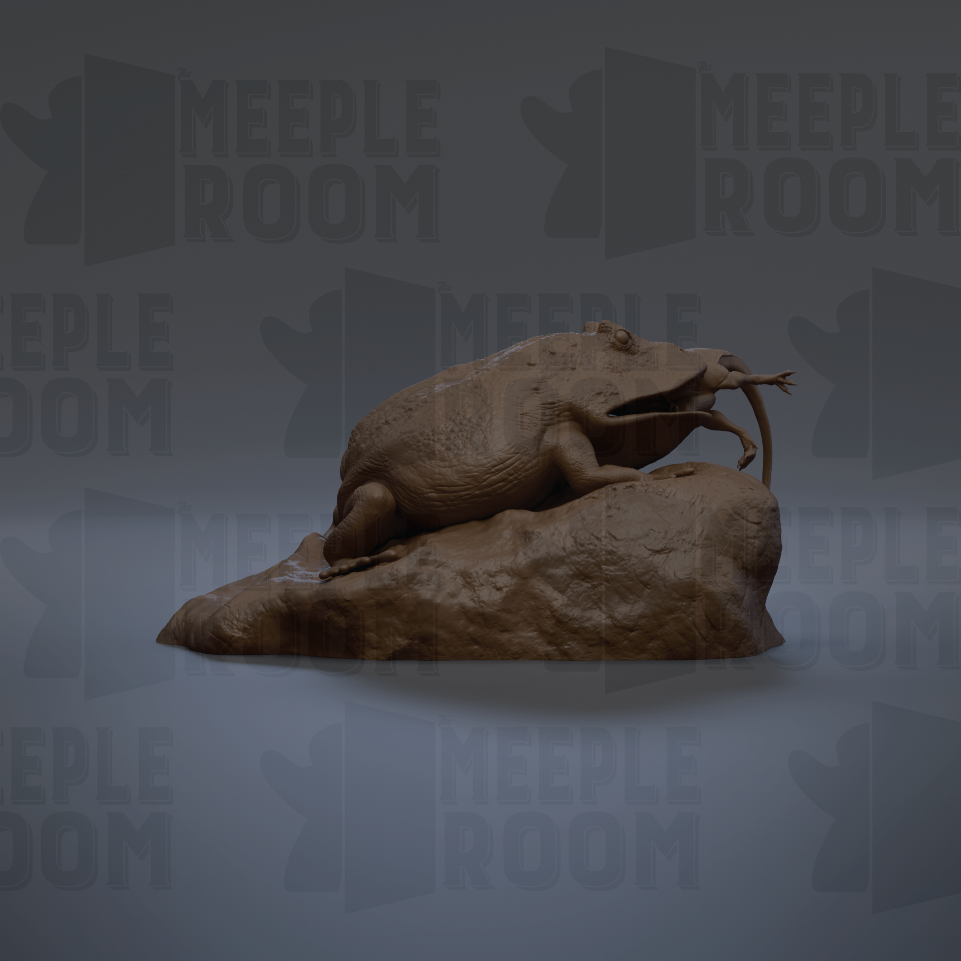 A 3D rendering of a sculpture of a large, furry animal, possibly a rodent or a similar creature, sitting on a rock.