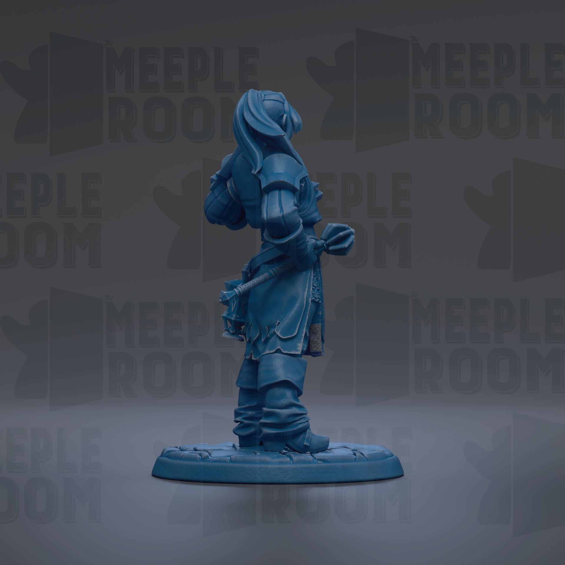 A blue figurine of a knight standing on a base, with the text "MEUPLE ROOM" repeated in the background.