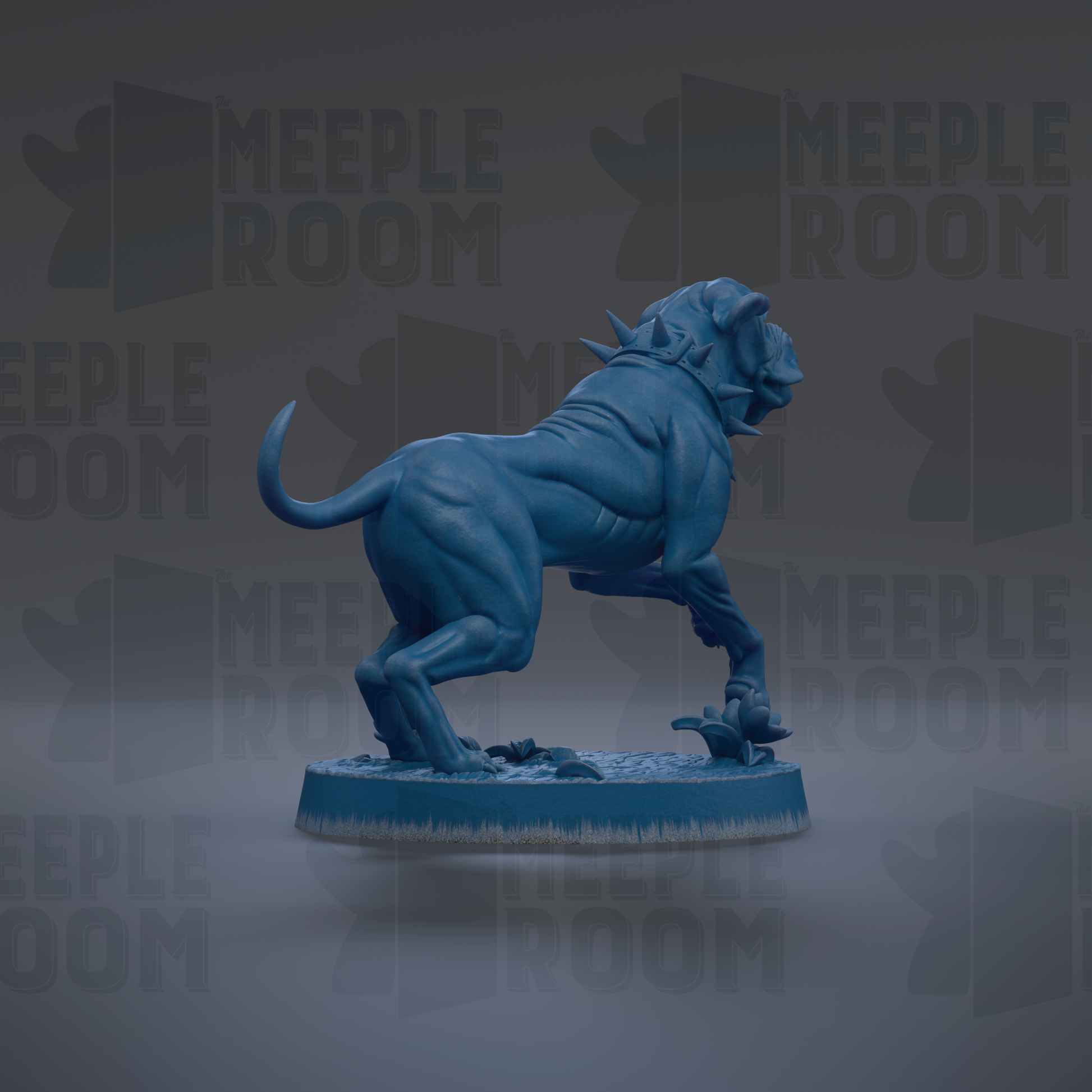 A blue, spiky dog figurine is shown in a crouched position, standing on a blue base against a dark background with repeated "MEIPLE ROOM" text.