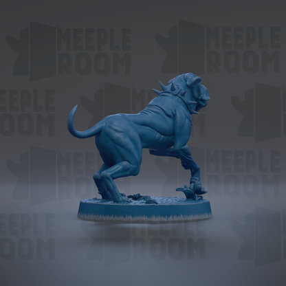 A blue, spiky dog figurine is shown in a crouched position, standing on a blue base against a dark background with repeated "MEIPLE ROOM" text.