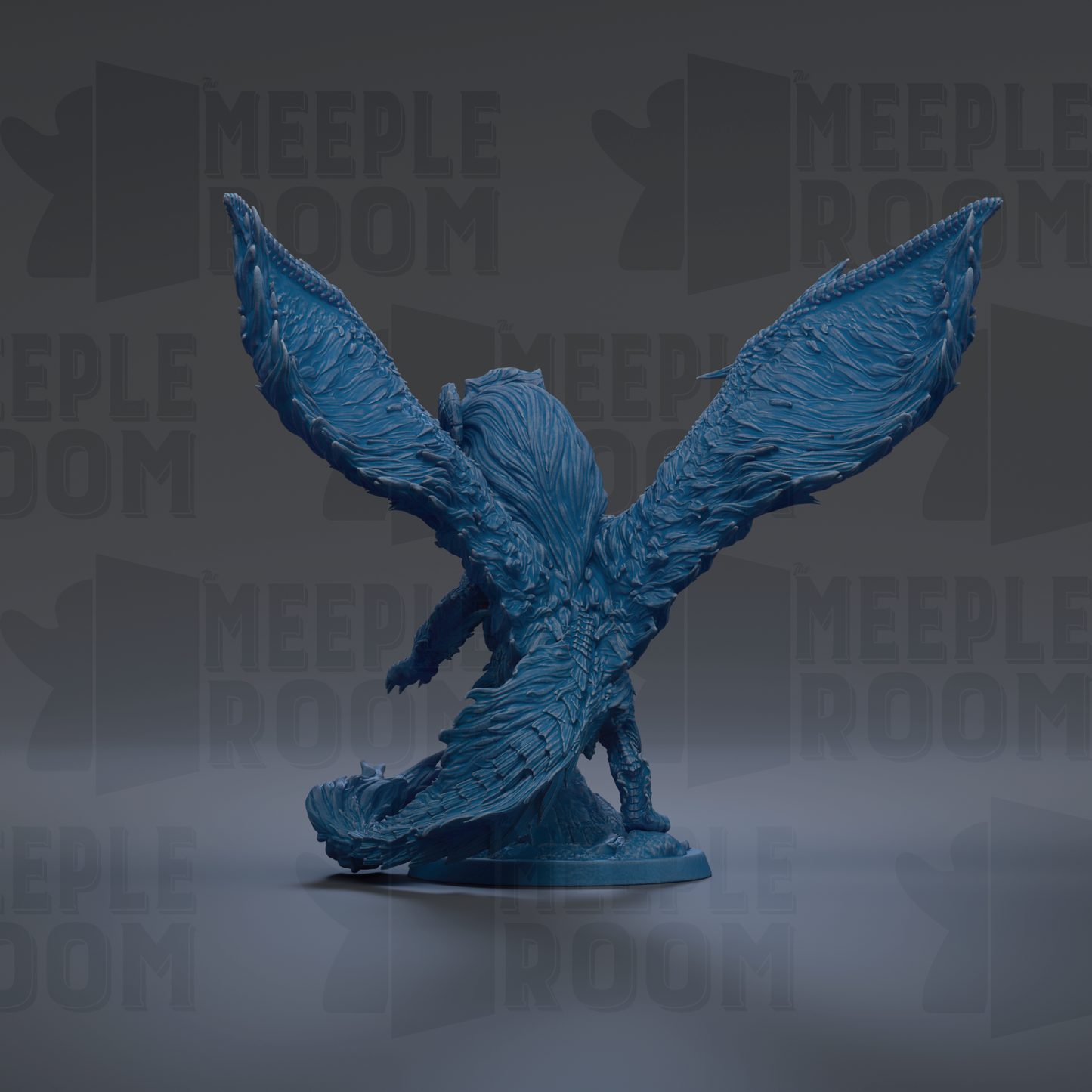 A blue, winged figurine with intricate details, standing on a base against a dark background with repeated text.