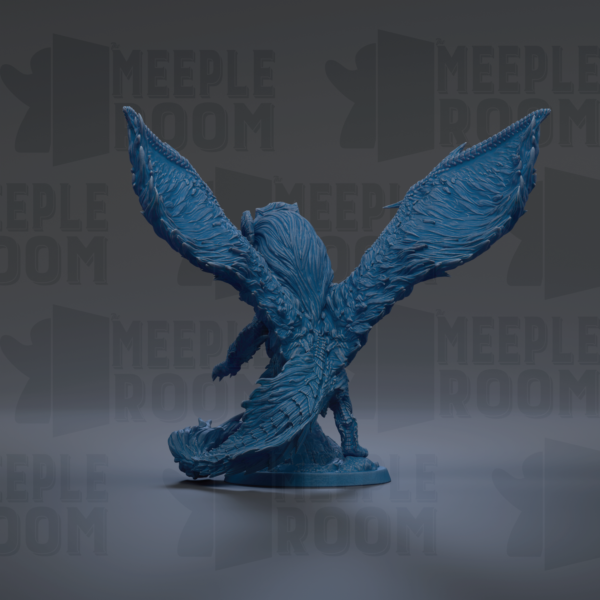 A blue, winged figurine with intricate details, standing on a base against a dark background with repeated text.