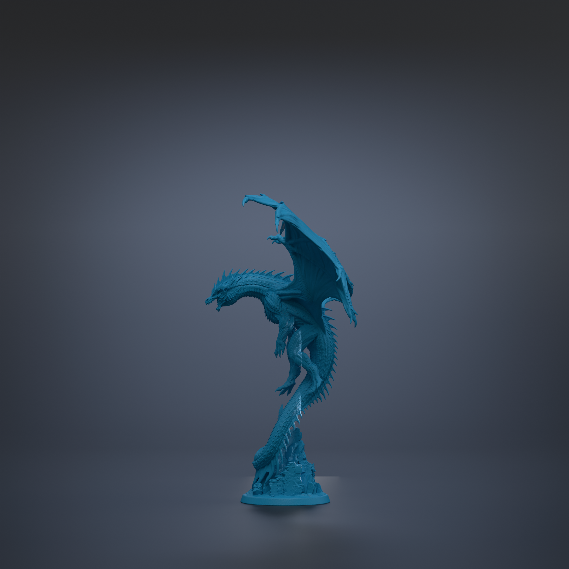 A blue dragon statue with outstretched wings stands against a dark background.