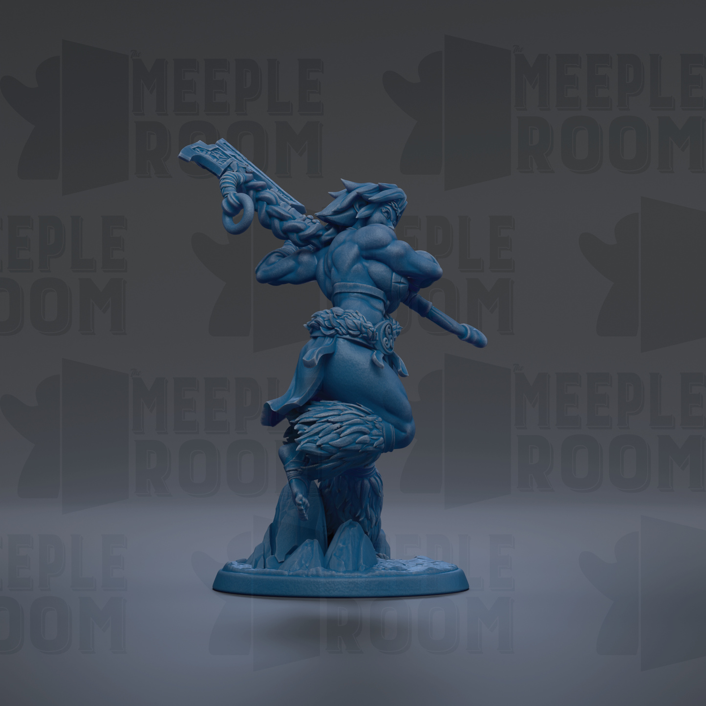 A blue figurine of a muscular, winged figure holding a weapon stands on a rock formation against a dark background with repeated "MEIPLE ROOM" text.