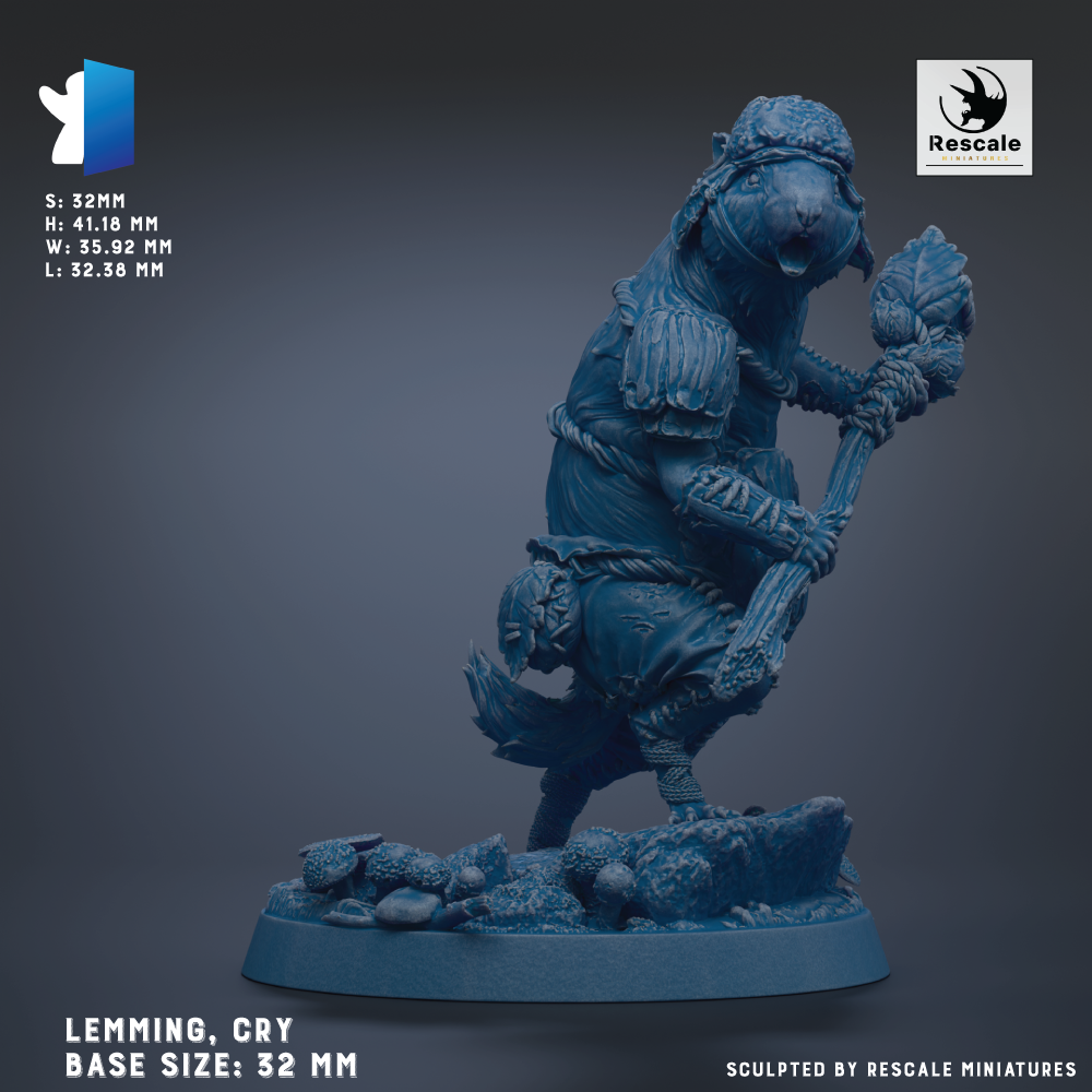 A 3D model of a character in a fighting stance, with a detailed and realistic appearance. The character is wearing a helmet and holding a weapon, suggesting it is a fantasy or action figure. The image is described as a "Lemming, Cry Base Sizes: 32 mm" and "Sculpted by Rescue Miniatures", indicating that it is a custom-made figurine created by a company called Rescue Miniatures.