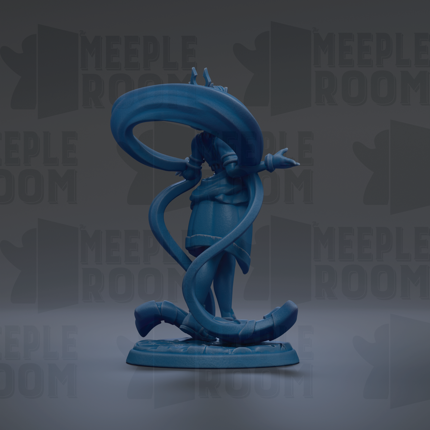 A blue figurine with a large, curled tail stands on a base against a dark background with repeated "MEUPLE ROOM" text.