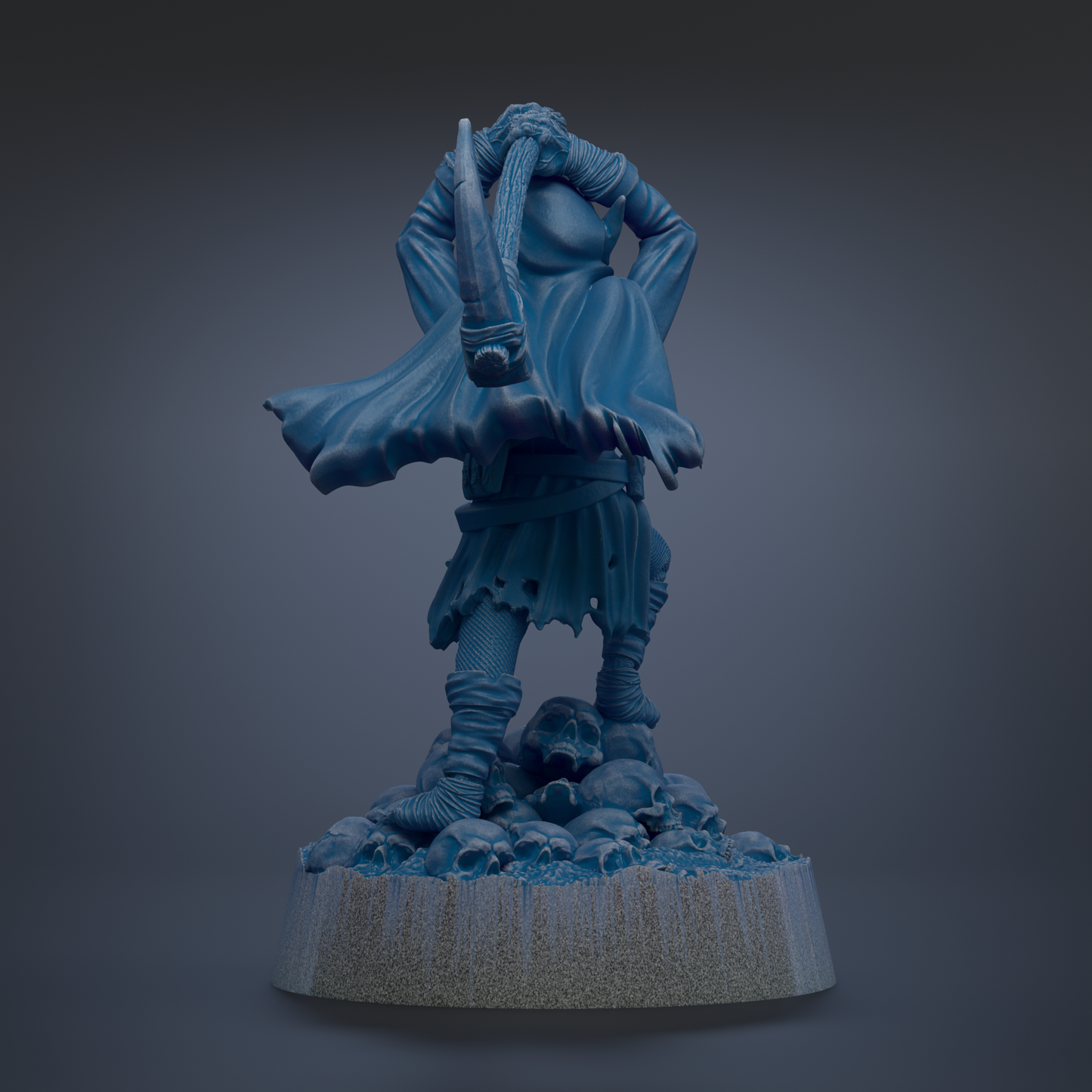 A dark blue, 3D-rendered statue of a figure with a flowing cape and a sword, standing on a base with skulls and bones.