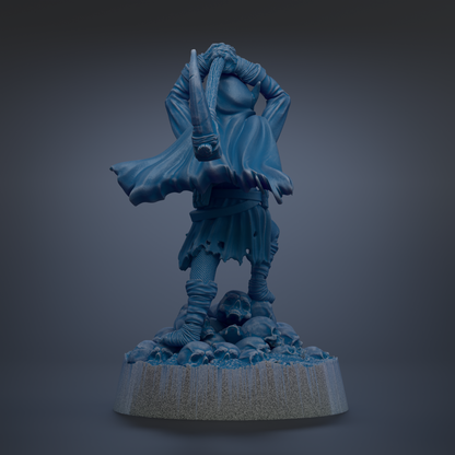 A dark blue, 3D-rendered statue of a figure with a flowing cape and a sword, standing on a base with skulls and bones.