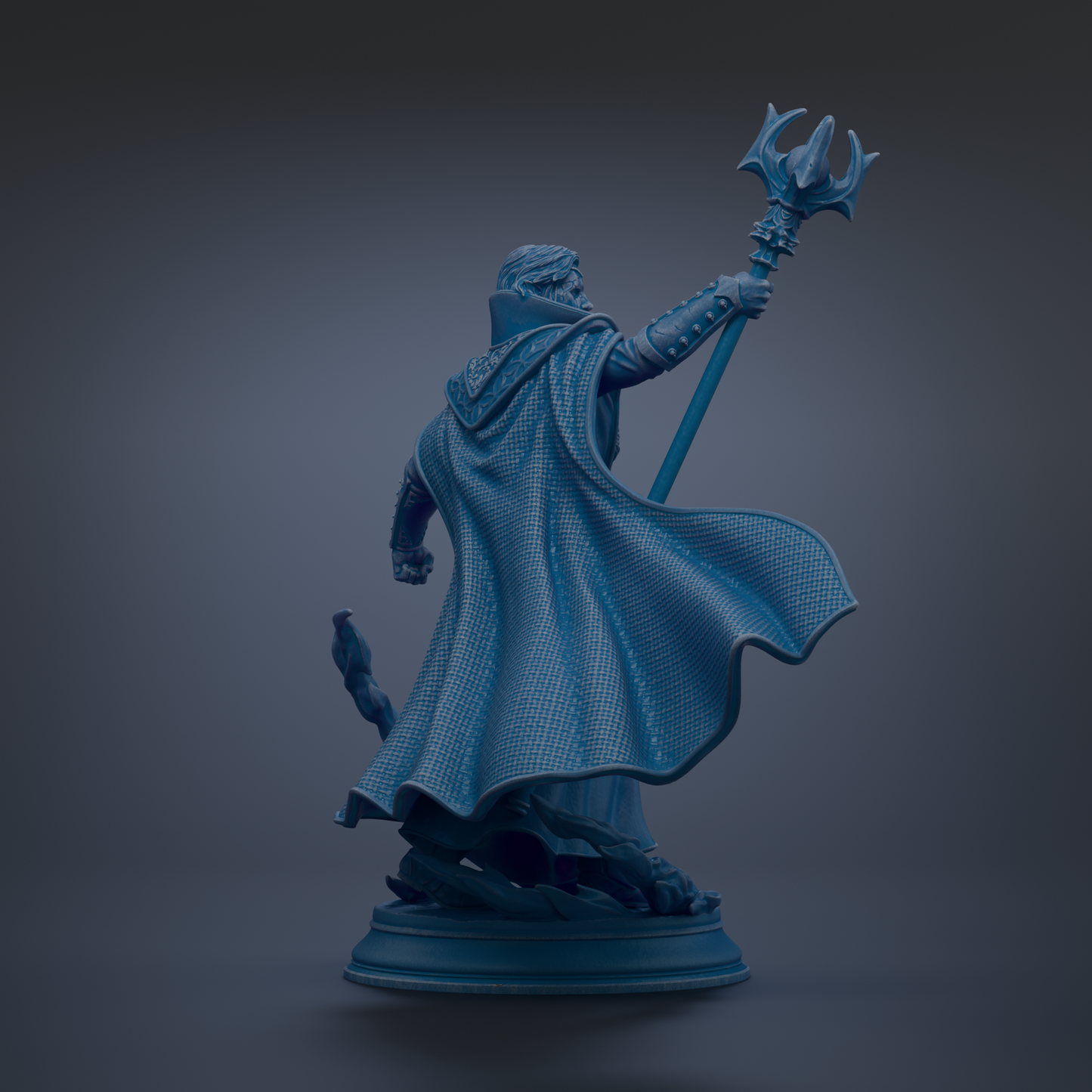 A 3D rendering of a figure holding a large, ornate weapon, possibly a spear or sword, with a flowing cape. The figure appears to be a warrior or knight, standing on a platform or base.