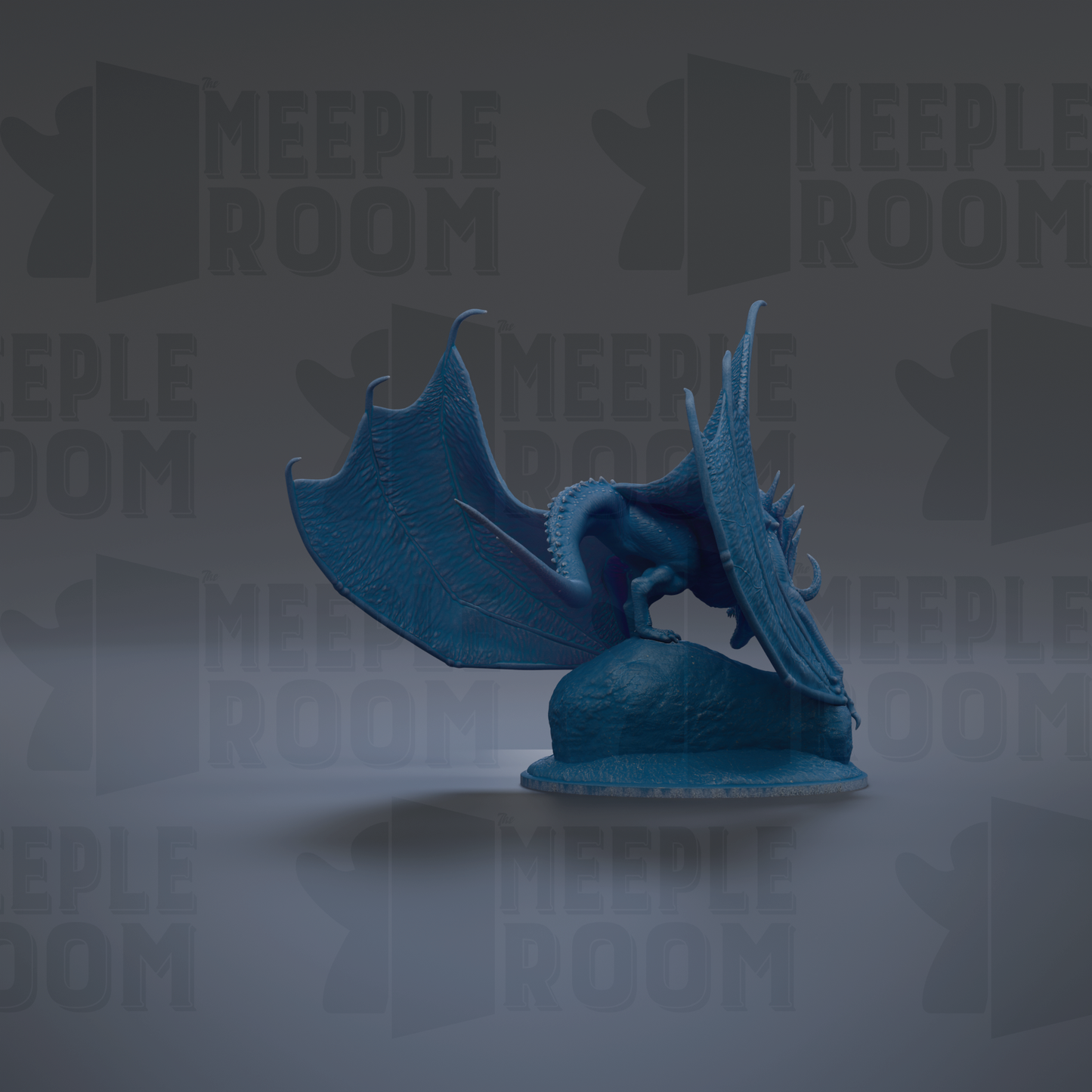 A blue dragon figurine is shown against a dark background with repeated text.