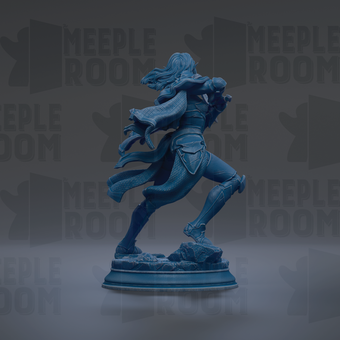 A blue statue of a person in a dynamic pose, with flowing hair and a sword in hand, set against a dark background with repeated text.