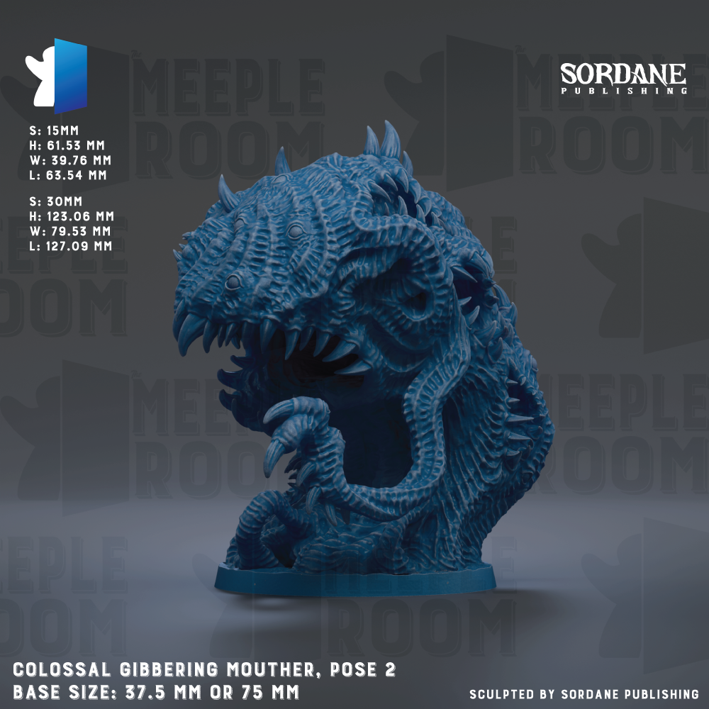 The image is a 3D rendering of a figurine of a large, blue, elongated creature with sharp teeth and claws. The figurine is posed in a standing position, with its head and limbs visible. The figurine is described as a "COLOSSAL GIBBERING MOUTHER" and is shown in a "POSE 2" pose. The base size of the figurine is either 37.5 mm or 75 mm, depending on the perspective. The image is a collage of multiple images, and the phrase "Sculpted by Sordane Publishing" is included at the bottom.