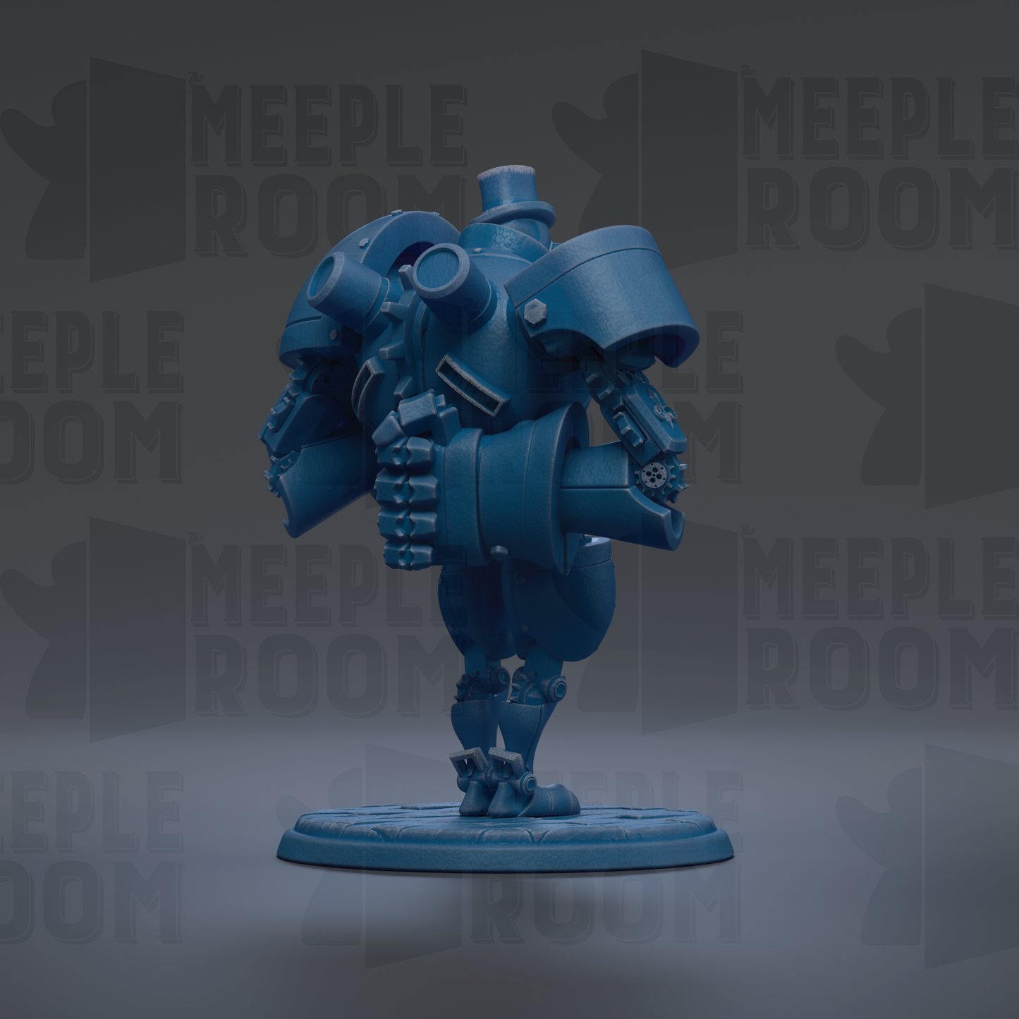 A blue, mechanical robot figurine is standing on a platform against a dark background with repeated text.