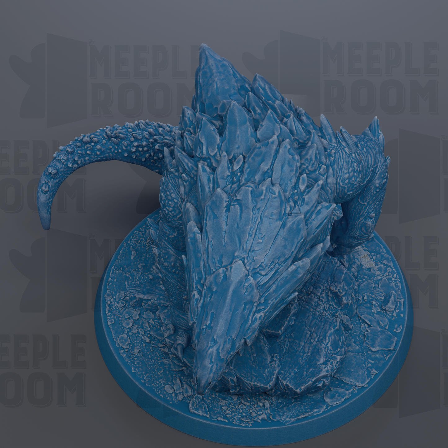 A blue, rocky dragon figurine is displayed on a blue base, with the text "MEUPLE ROOM" visible in the background.