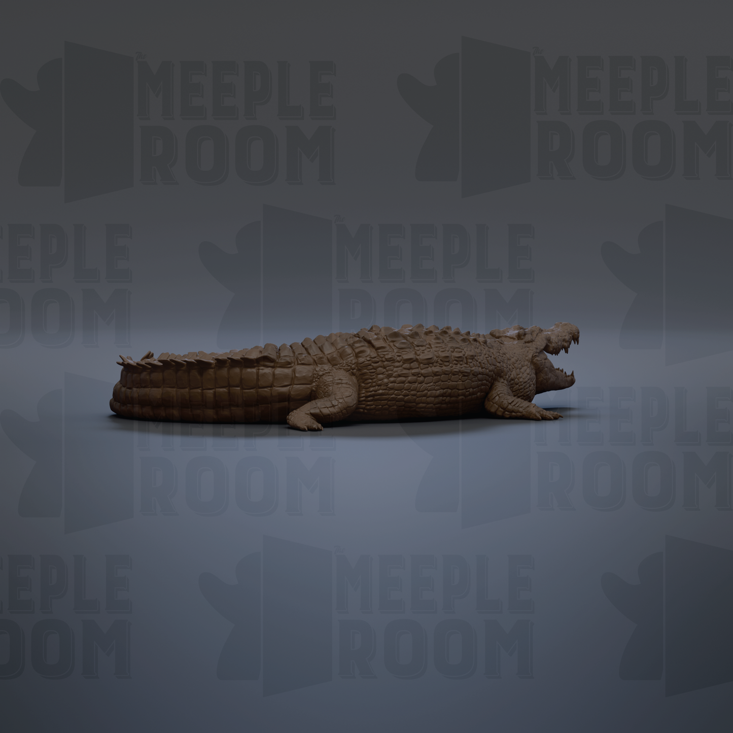 A 3D rendering of a crocodile, which appears to be a realistic depiction of the animal, is shown against a dark background with repeated text.