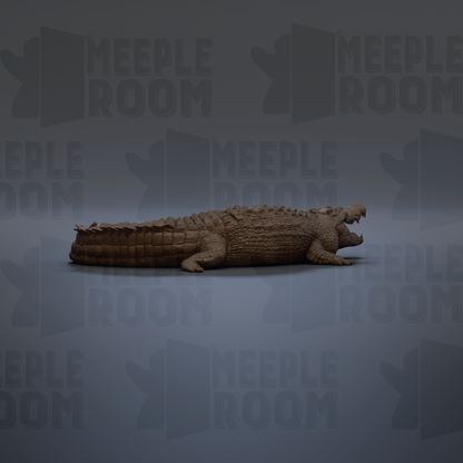 A 3D rendering of a crocodile, which appears to be a realistic depiction of the animal, is shown against a dark background with repeated text.