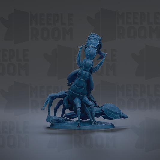 A blue figurine of a scorpion is shown against a dark background with repeated text.