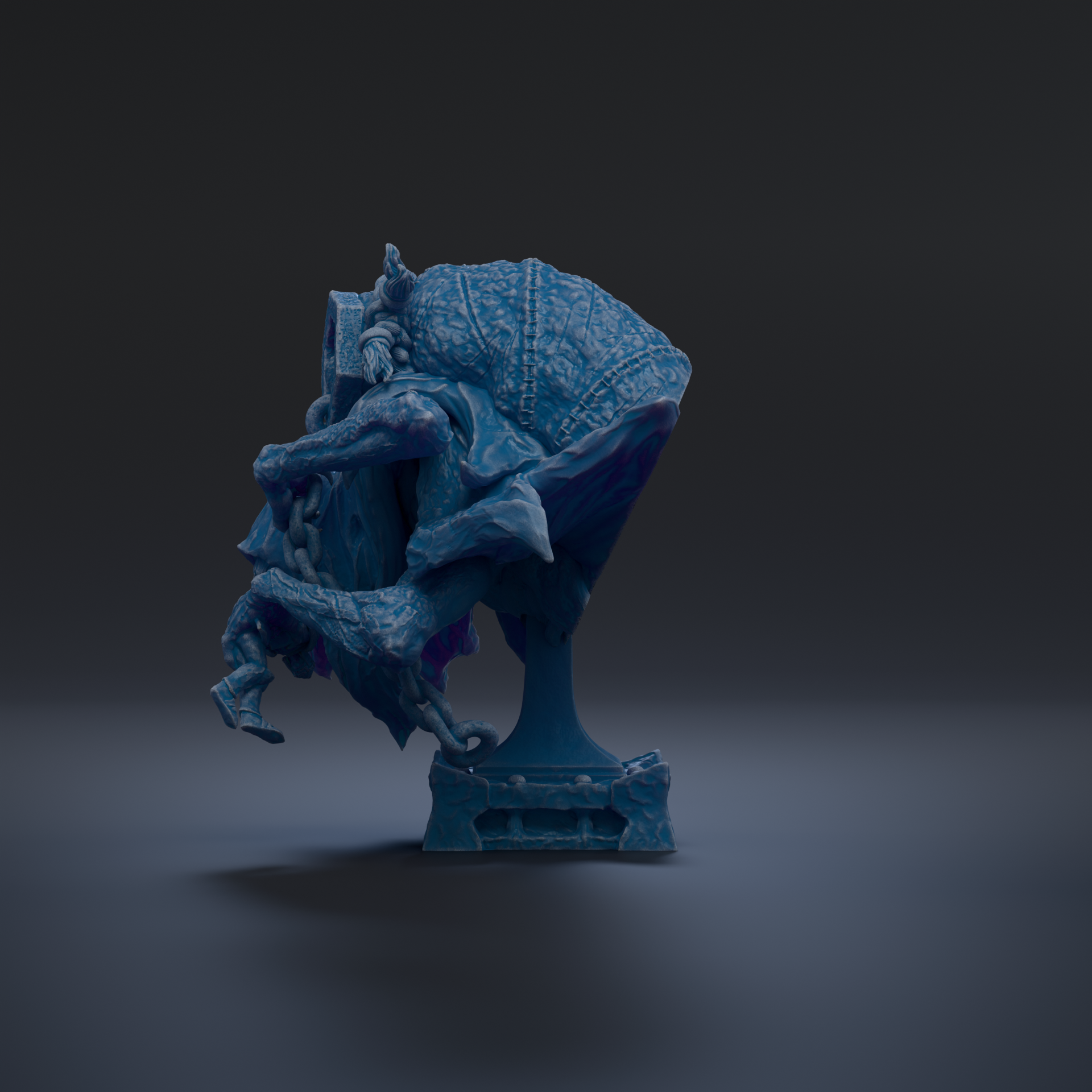 A 3D rendering of a blue, abstract sculpture with a textured, organic shape.