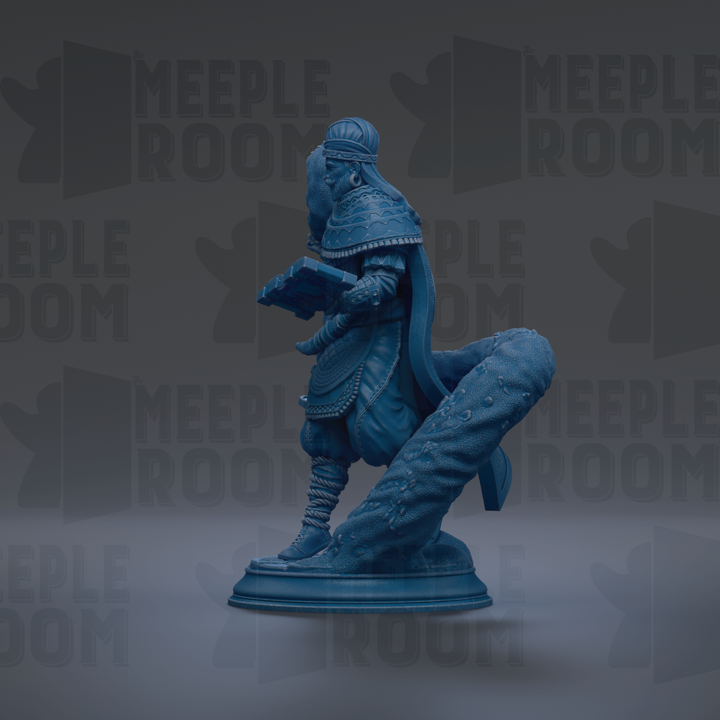 A blue statue of a person holding a book, standing on a pedestal.
