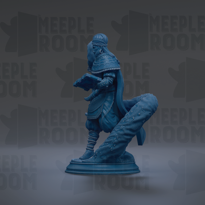 A blue statue of a person holding a book, standing on a pedestal.