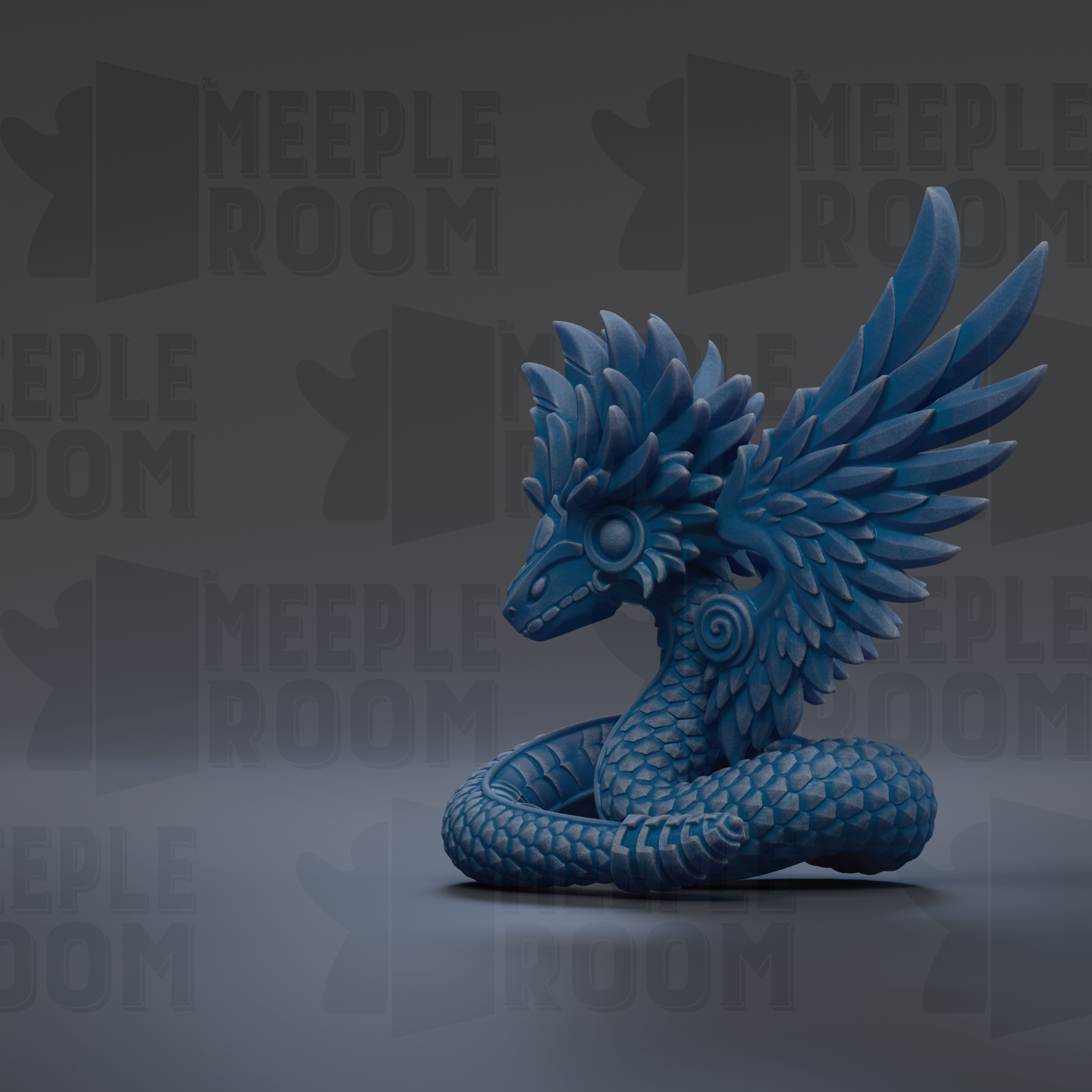 A blue dragon-like creature with large, detailed wings and a coiled body is the main focus of the image.