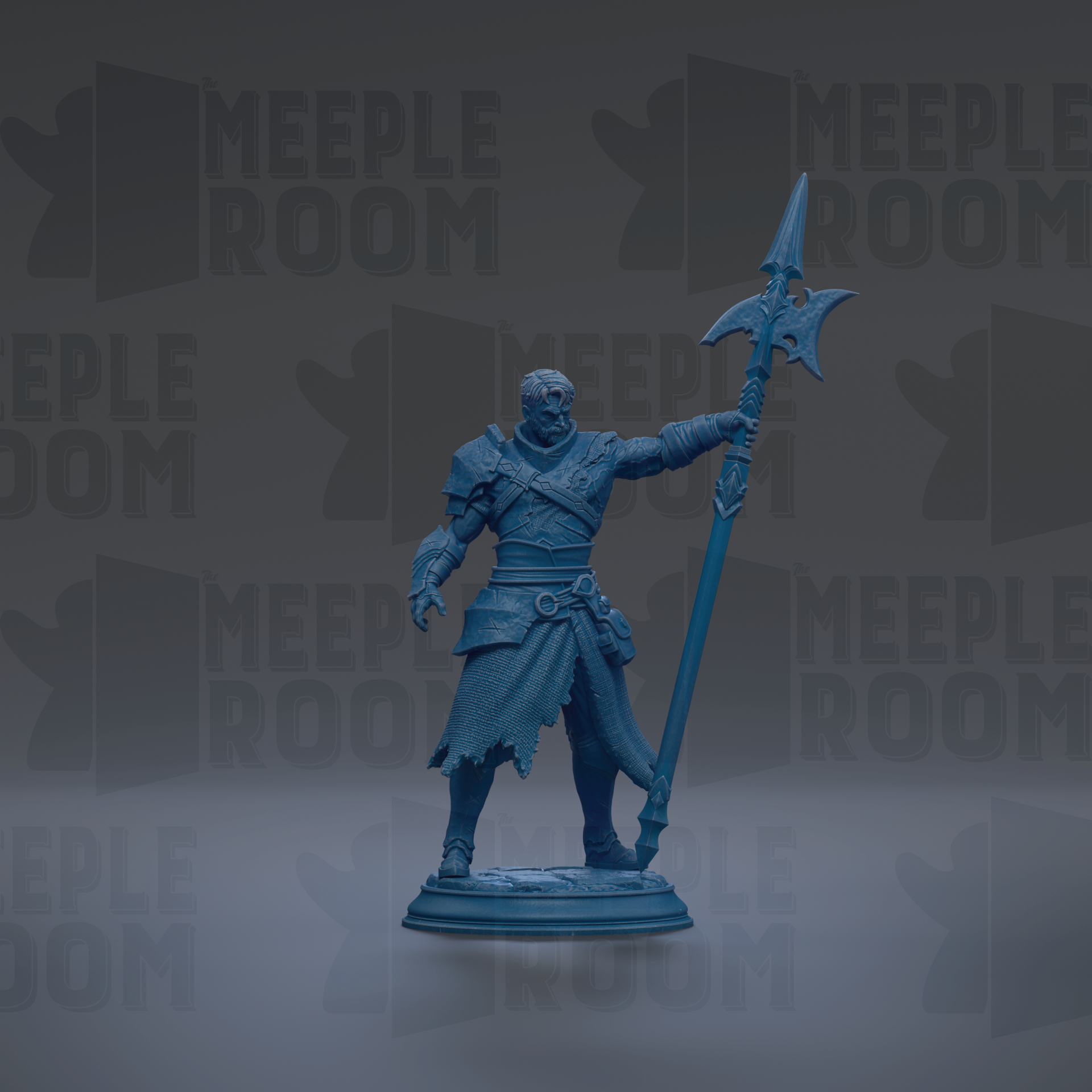A blue figurine of a warrior standing in a fighting stance, holding a spear and wearing a helmet.