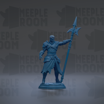 A blue figurine of a warrior standing in a fighting stance, holding a spear and wearing a helmet.