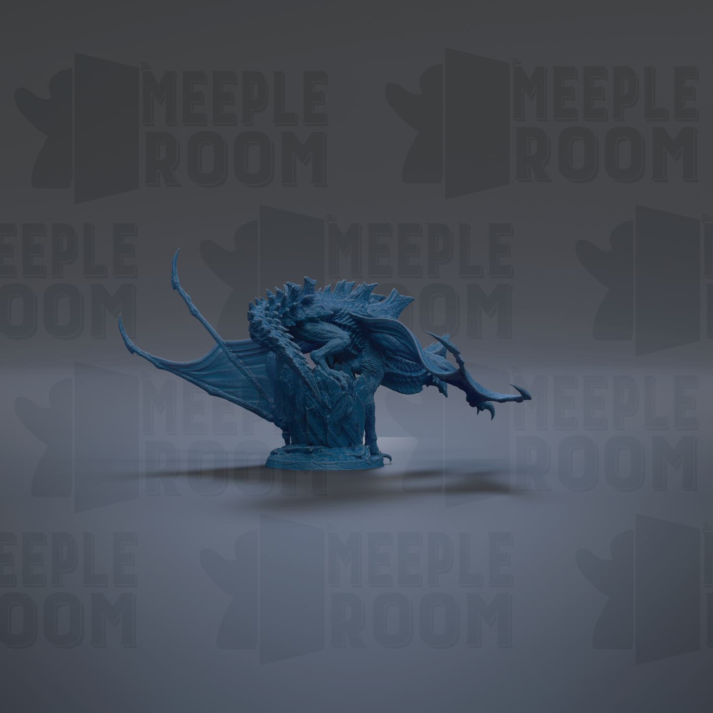 A blue dragon figurine is shown against a dark background with repeated text.