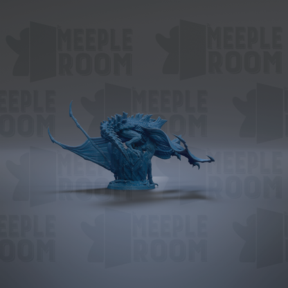 A blue dragon figurine is shown against a dark background with repeated text.