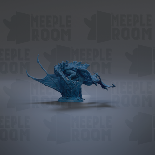 A blue dragon figurine is shown against a dark background with repeated text.