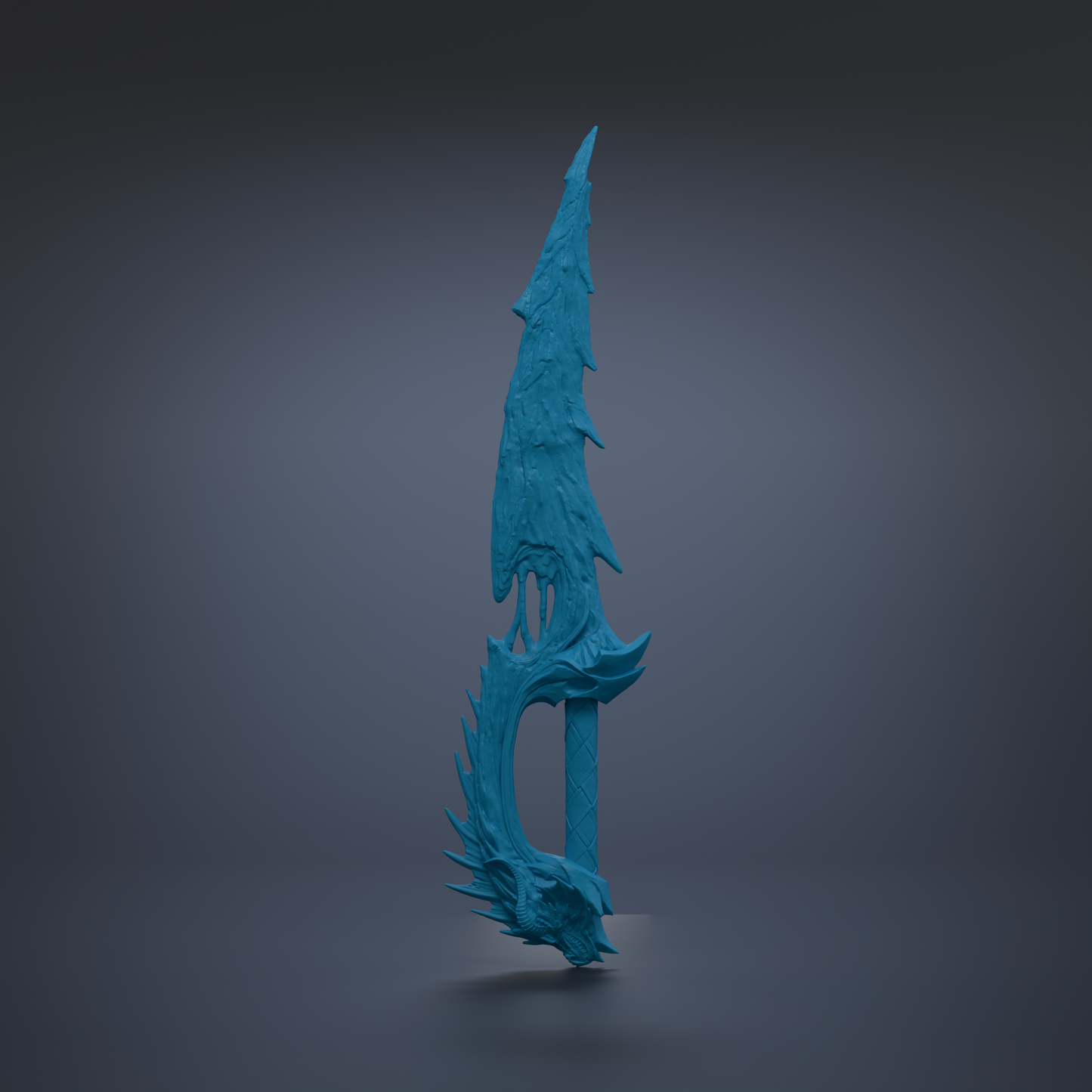 A blue, sharp-looking sword-like weapon with a pointed blade and a curved handle, standing upright against a dark background.