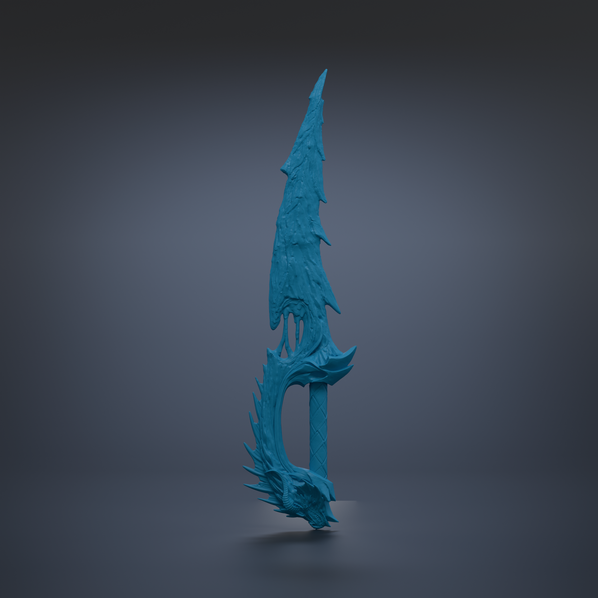 A blue, sharp-looking sword-like weapon with a pointed blade and a curved handle, standing upright against a dark background.