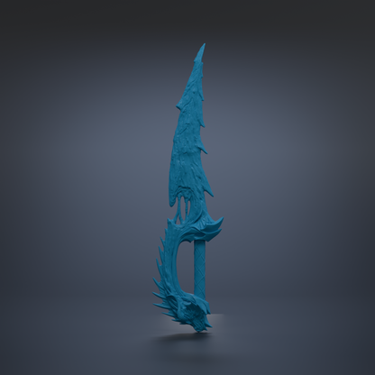 A blue, sharp-looking sword-like weapon with a pointed blade and a curved handle, standing upright against a dark background.