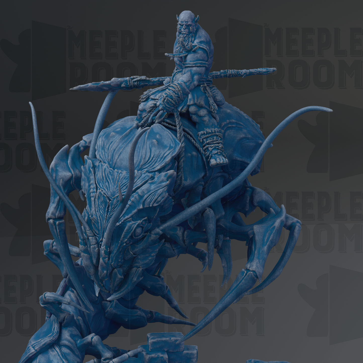 A detailed 3D rendering of a fantastical creature, possibly a dragon or serpent, with a human-like figure riding on top. The creature has intricate, textured features and the figure appears to be wielding a weapon. The background is dark and blurred, drawing focus to the central elements of the image.