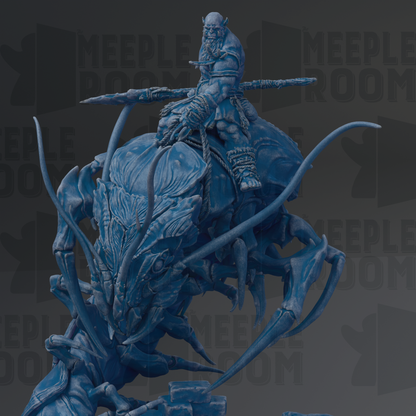 A detailed 3D rendering of a fantastical creature, possibly a dragon or serpent, with a human-like figure riding on top. The creature has intricate, textured features and the figure appears to be wielding a weapon. The background is dark and blurred, drawing focus to the central elements of the image.