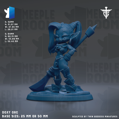 The image is a 3D model of a blue elf-like character, likely a character from a video game or fantasy setting. The character is standing on a base and holding a weapon, possibly a sword. The image is described as a "DEXY ORC" base size of 25mm or 50mm, and it is sculpted by "TWIN GODESS MINITURES".
