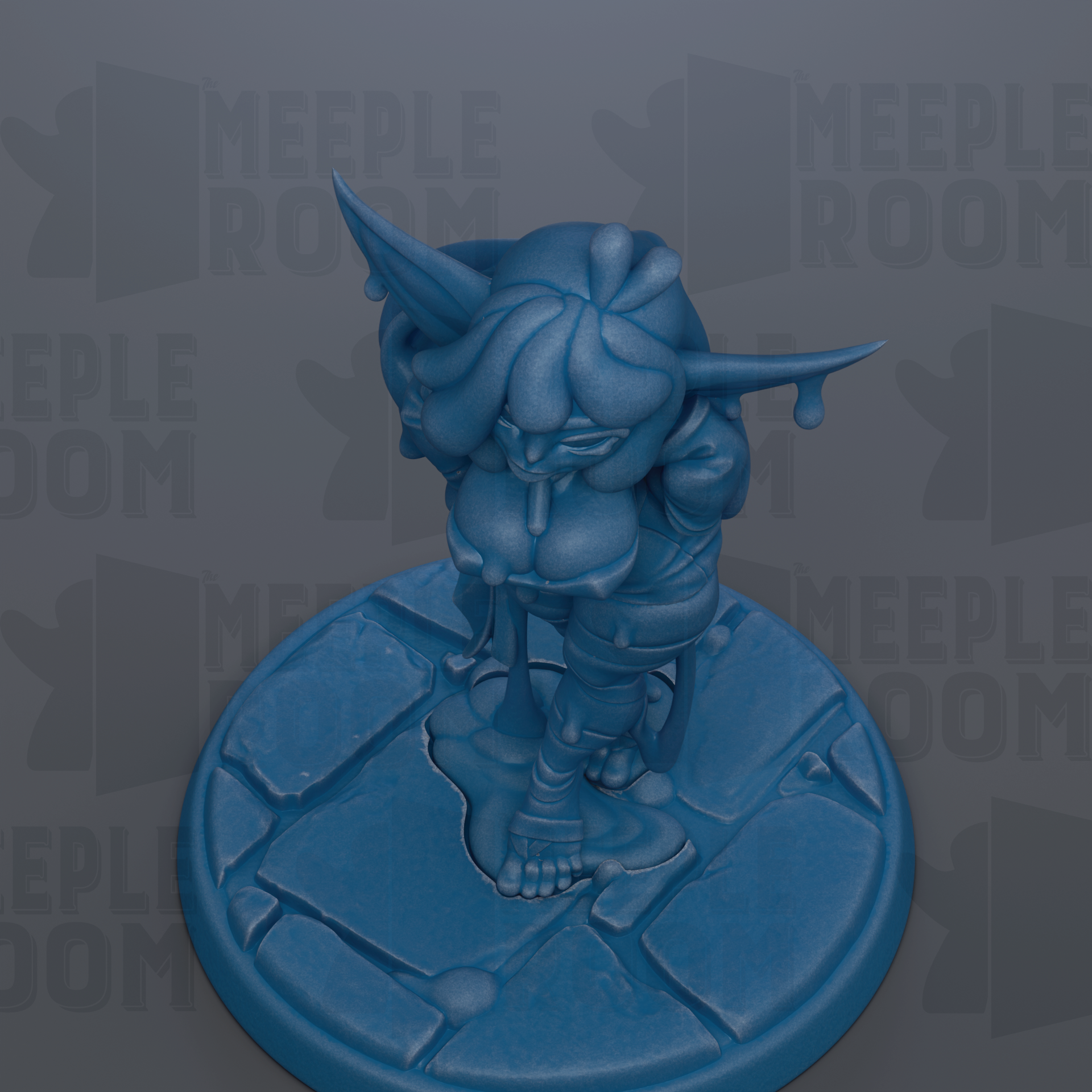 A blue figurine of a character with a large head and long horns, standing on a blue base.