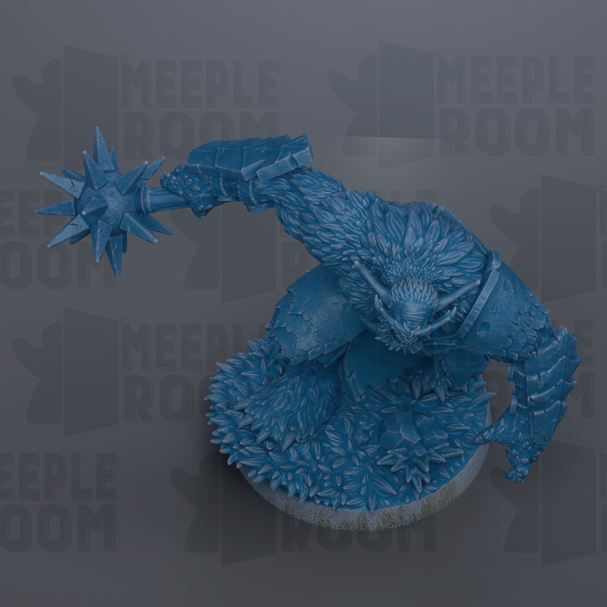 A blue, furry monster-like creature with sharp teeth and claws is depicted in the image.
