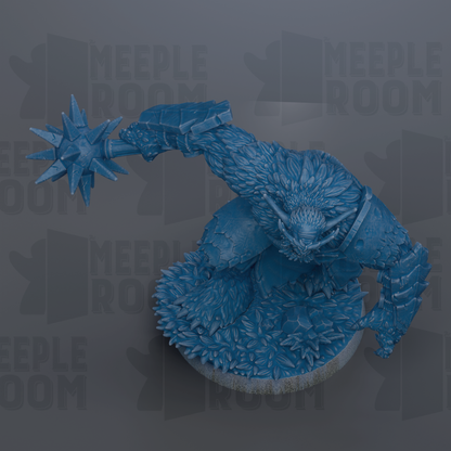A blue, furry monster-like creature with sharp teeth and claws is depicted in the image.